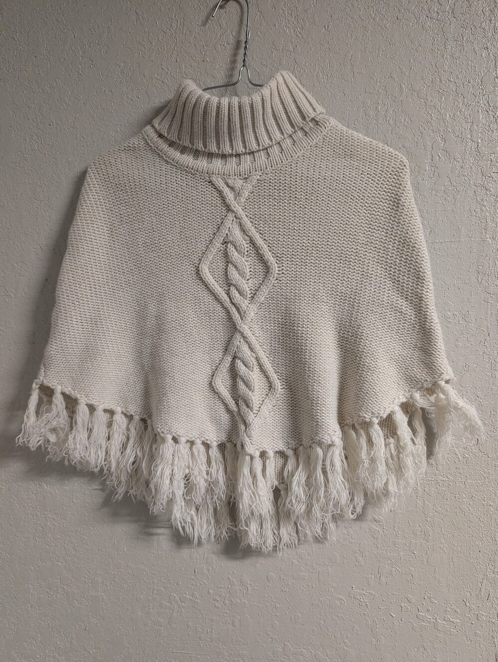 Knit Tassel Cape XS Fringe Shimmer Lagenlook Boho Cottage Turtleneck Goblin